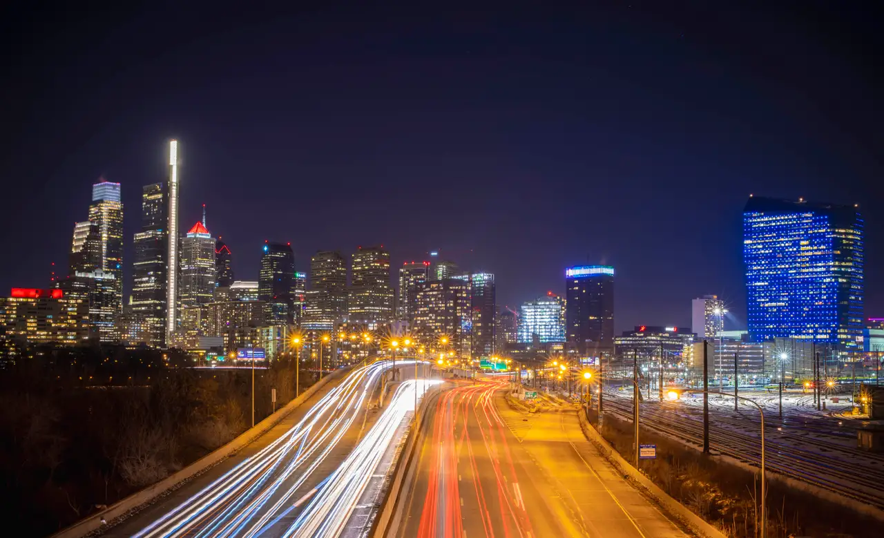 Fine-art photograph, “I-76 Light Trails Under the Philadelphia Skyline - RFIV6210,” from the Pennsylvania - Philly collection.
