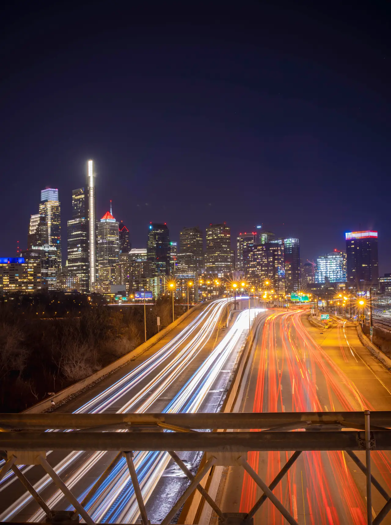 Fine-art photograph, “I-76 Light Trails Toward Center City, After the Rush - RFIV6211,” from the Pennsylvania - Philly collection.