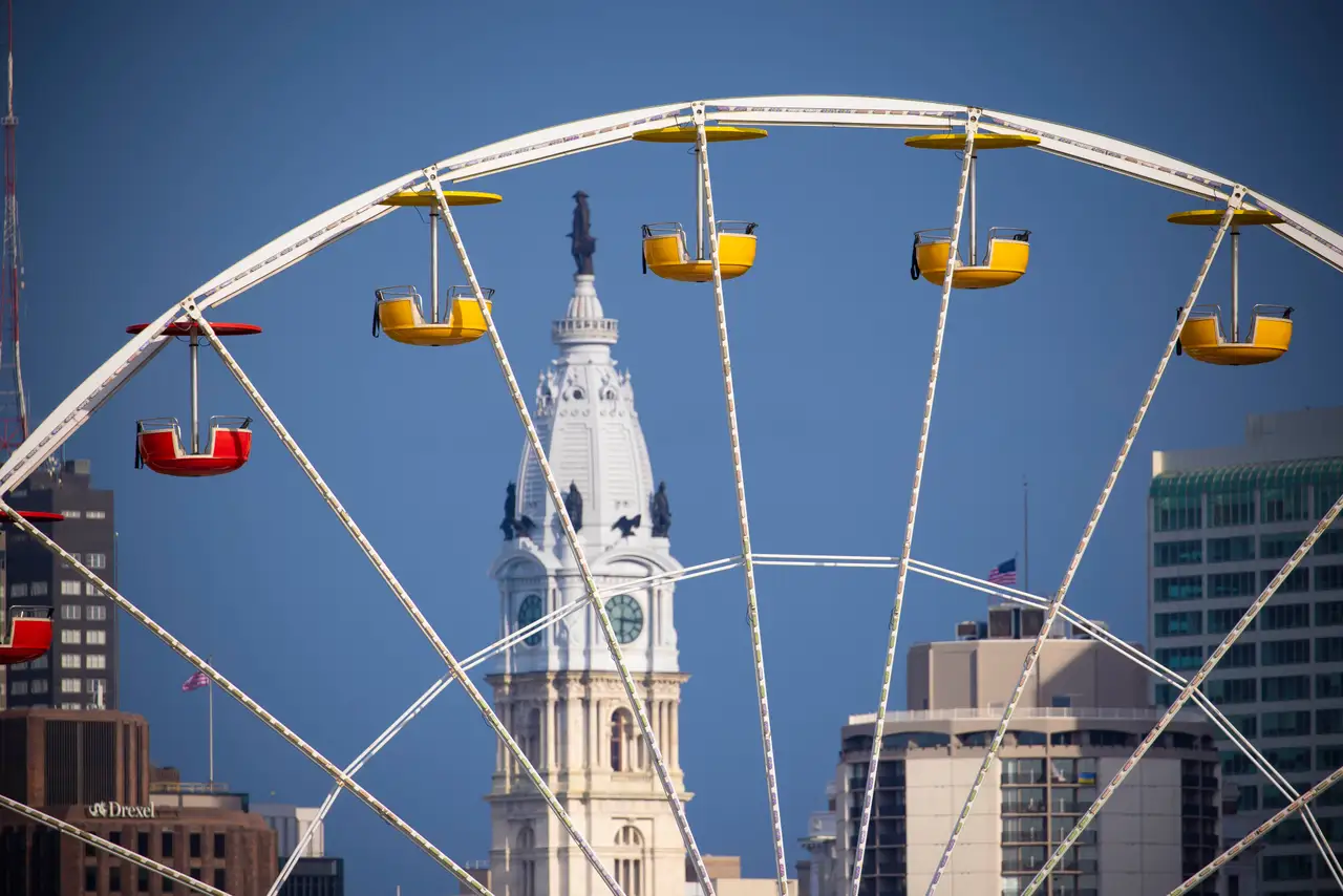Fine-art photograph, “Philadelphia City Hall Through a Ferris Wheel, Urban Weather - RFIV7251,” from the Pennsylvania - Philly collection.