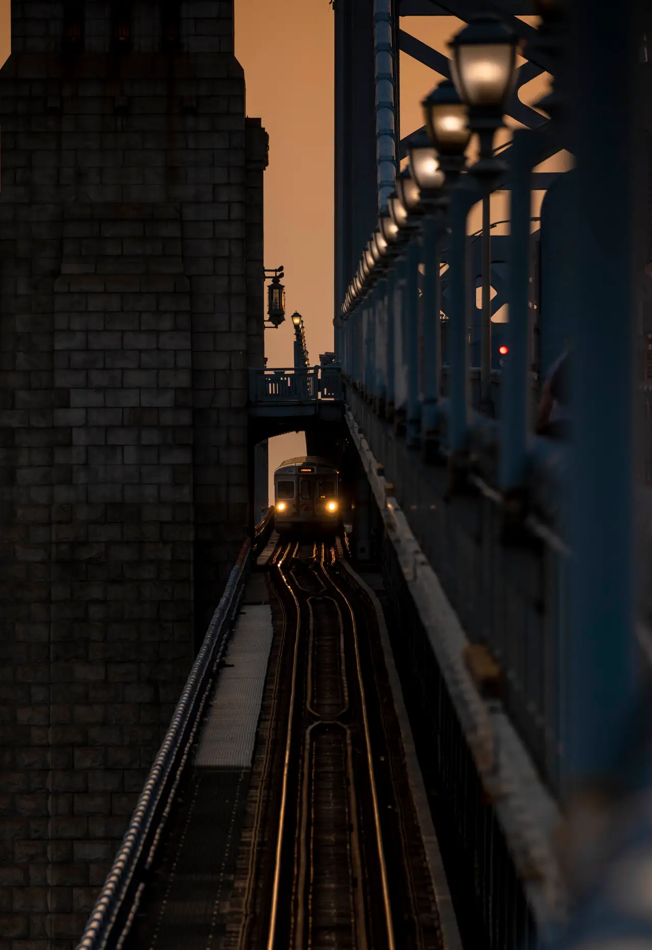 Fine-art photograph, “Benjamin Franklin Bridge Train at Sunset, Night Passage - RFIV7510,” from the Pennsylvania - Philly collection.