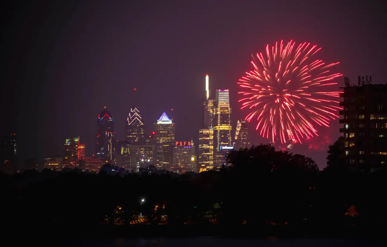 Fine-art photograph, “Philadelphia Skyline Fireworks, Concrete and Sky - RFIV7770,” from the Pennsylvania - Philly collection.