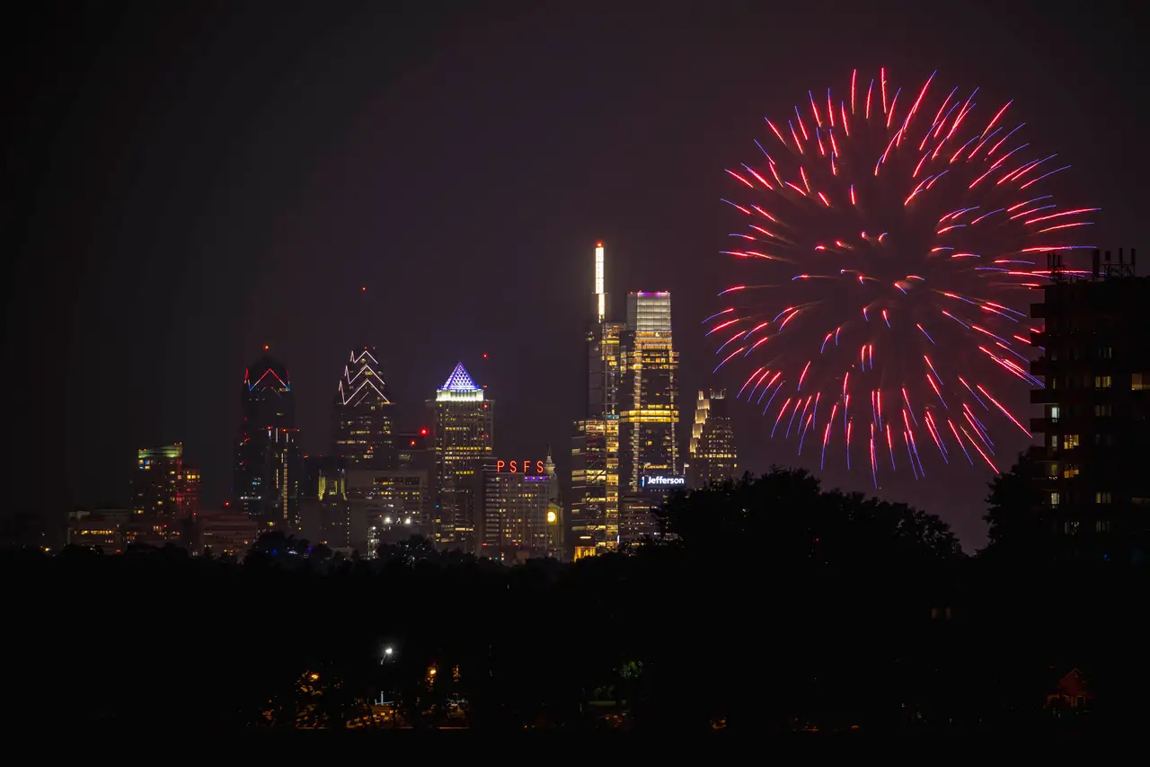 Fine-art photograph, “Philadelphia Skyline Fireworks, Midnight Current - RFIV7812,” from the Pennsylvania - Philly collection.