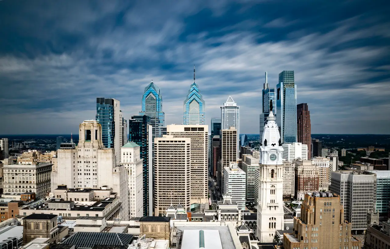 Fine-art photograph, “Philadelphia City Hall, Comcast Center, and Storm Clouds - RFIV7847,” from the Pennsylvania - Philly collection.