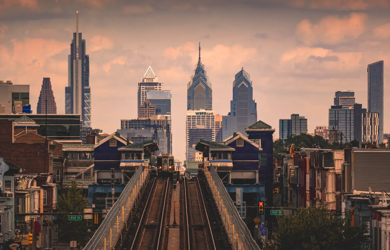 Fine-art photograph, “Philadelphia Skyline and Elevated Train - RFIV8146,” from the Pennsylvania - Philly collection.