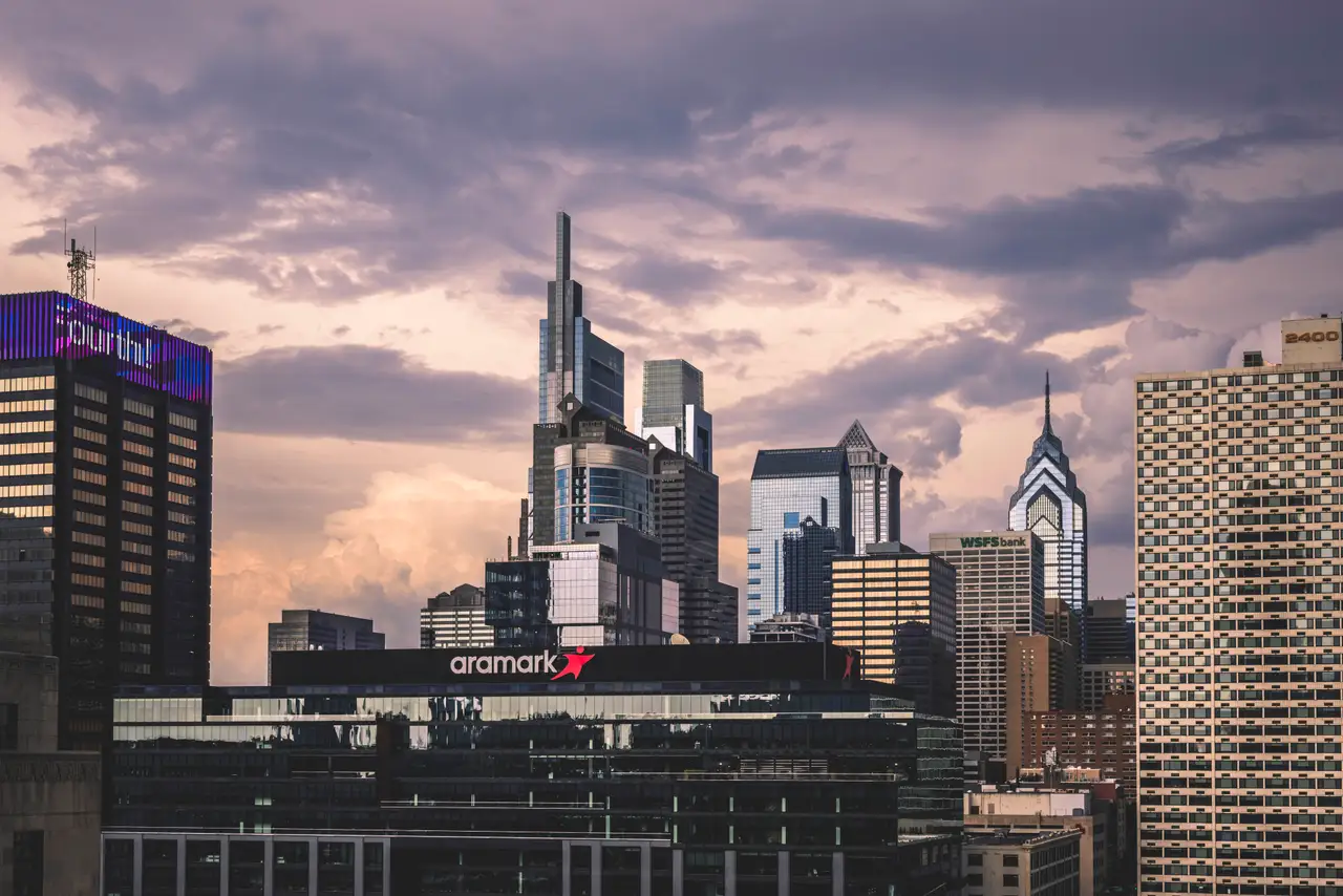 Fine-art photograph, “Philadelphia Skyline in Storm Clouds, Tide of Light - RFIV8699,” from the Pennsylvania - Philly collection.