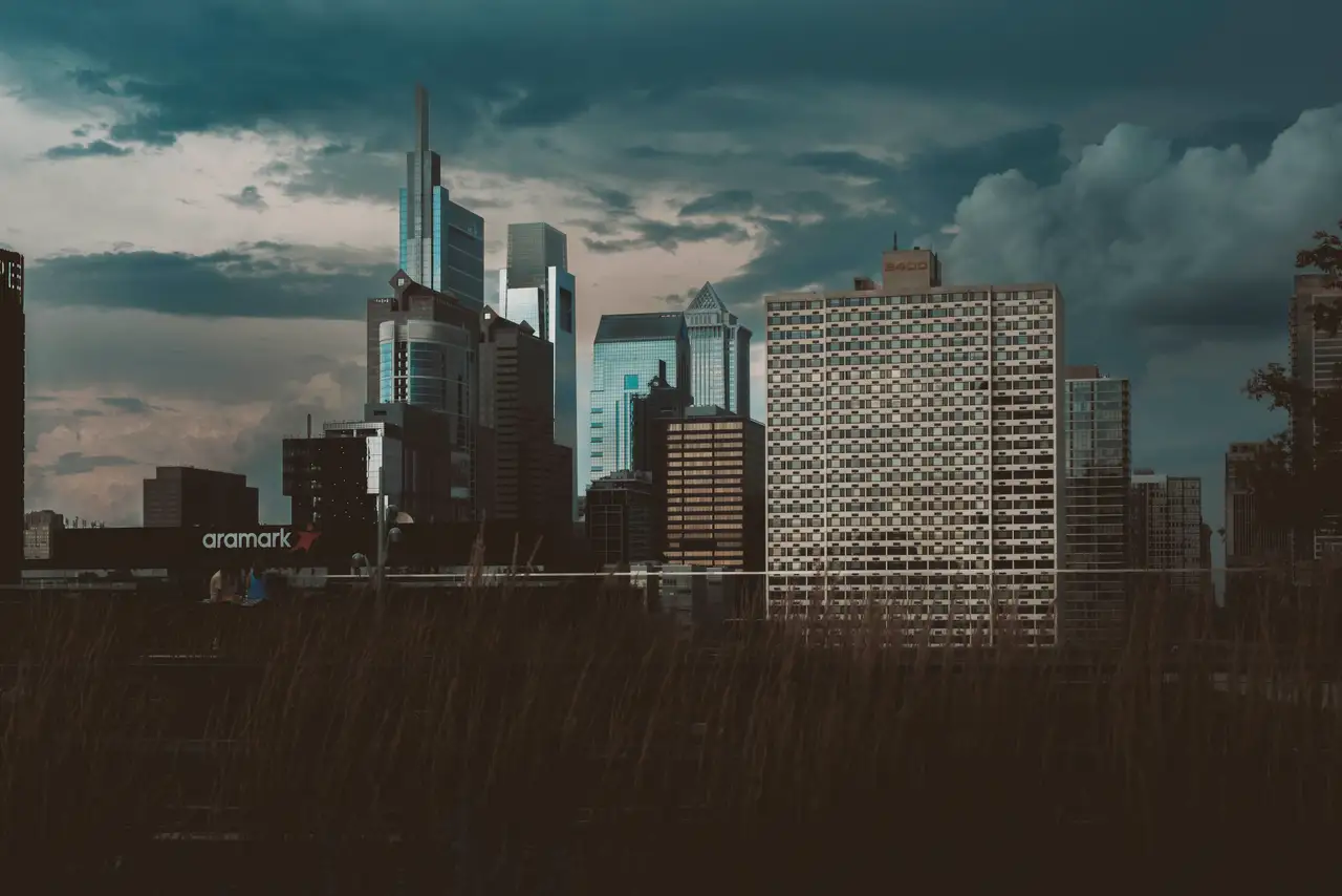 Fine-art photograph, “Philadelphia Skyline Under Storm Clouds, After the Rush - RFIV8705,” from the Pennsylvania - Philly collection.