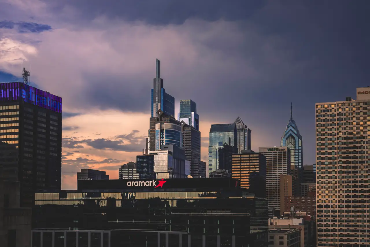 Fine-art photograph, “Comcast Technology Center and Center City at Sunset - RFIV8722,” from the Pennsylvania - Philly collection.