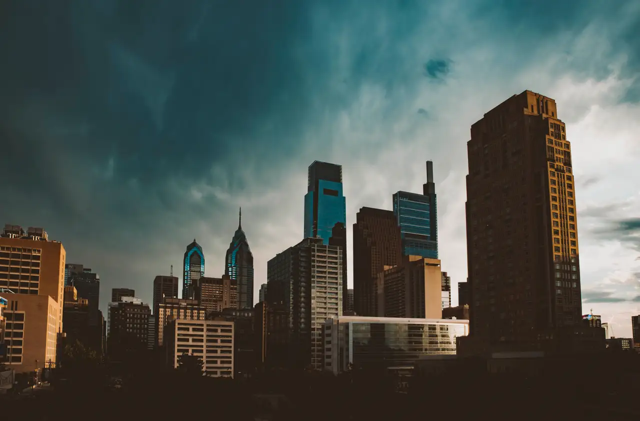 Fine-art photograph, “Philadelphia Skyline Under Storm Clouds, Harbor Light - RFIV8734,” from the Pennsylvania - Philly collection.