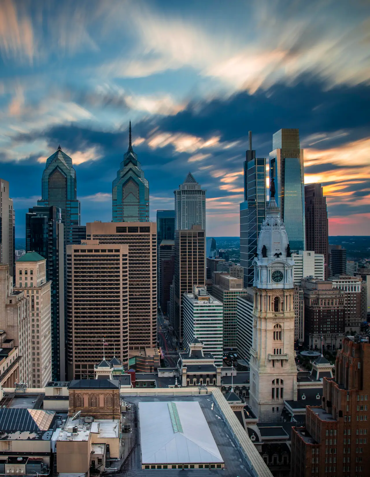 Fine-art photograph, “Philadelphia City Hall and Comcast Towers Beneath a Dramatic Sky - RFIV8742,” from the Pennsylvania - Philly collection.