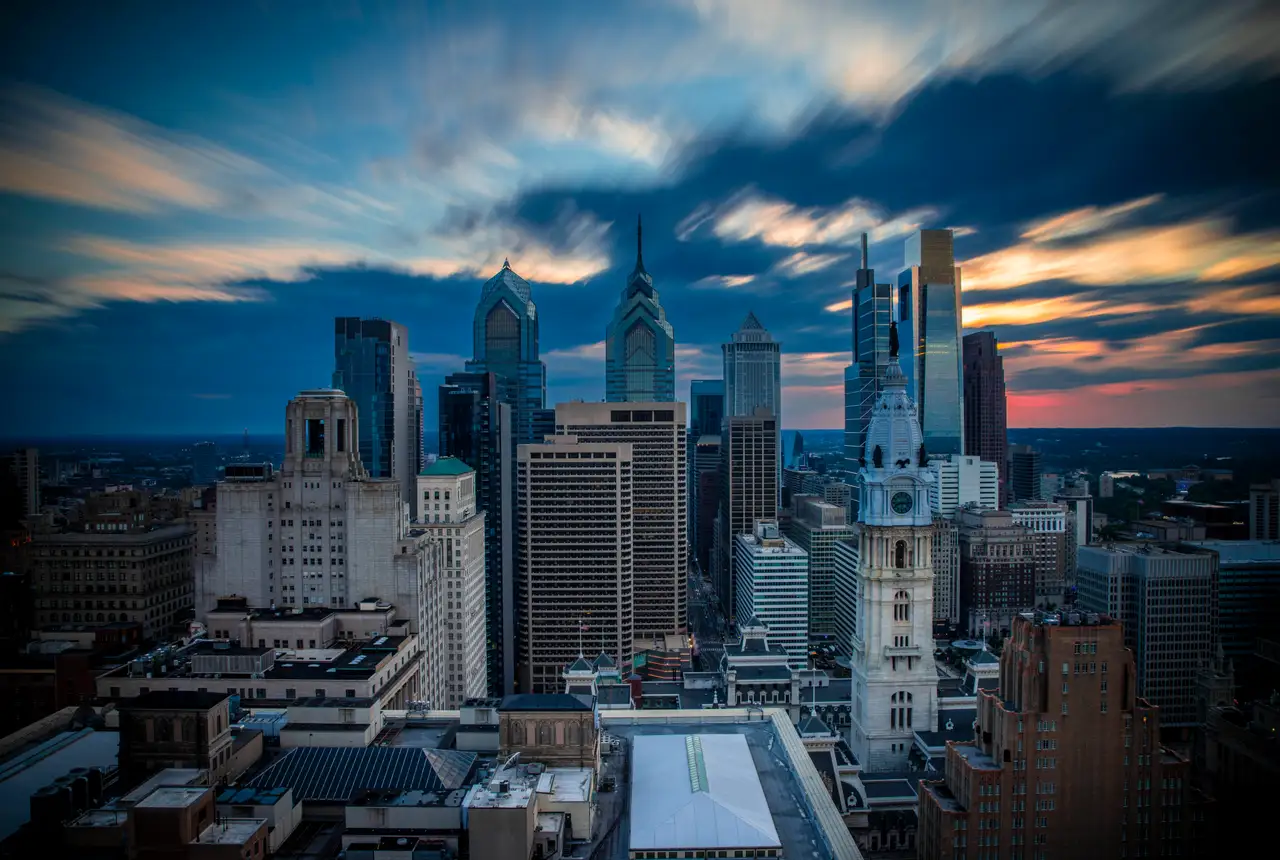 Fine-art photograph, “Philadelphia City Hall and Comcast Towers at Stormy Sunset - RFIV8743,” from the Pennsylvania - Philly collection.
