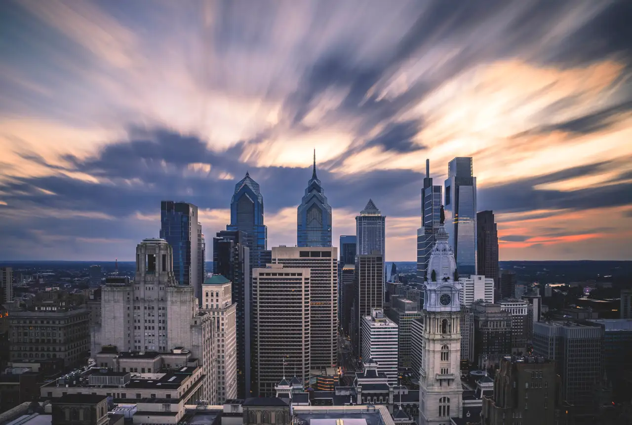Fine-art photograph, “Philadelphia City Hall and Comcast Towers in Sunset Light - RFIV8745,” from the Pennsylvania - Philly collection.