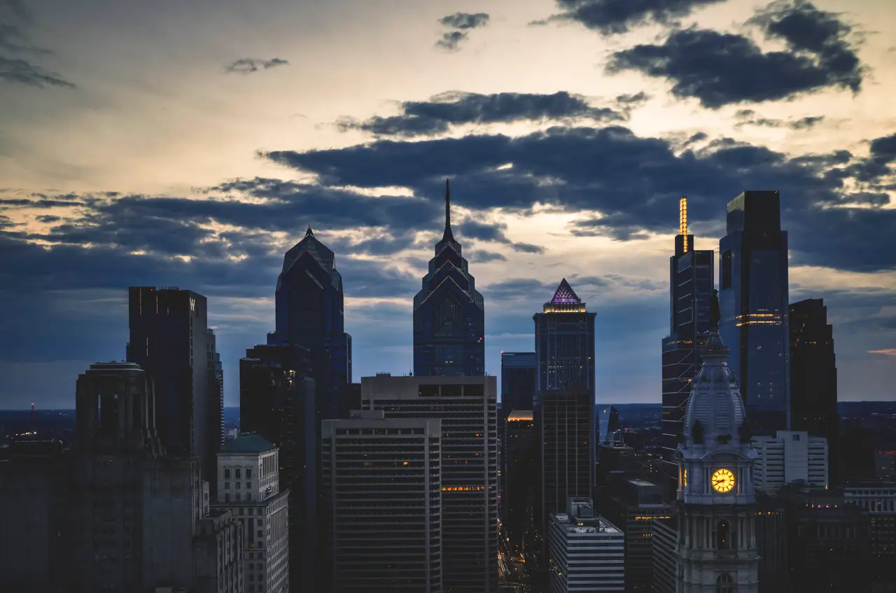 Fine-art photograph, “Philadelphia Skyline in Dramatic Sunset Light - RFIV8755,” from the Pennsylvania - Philly collection.