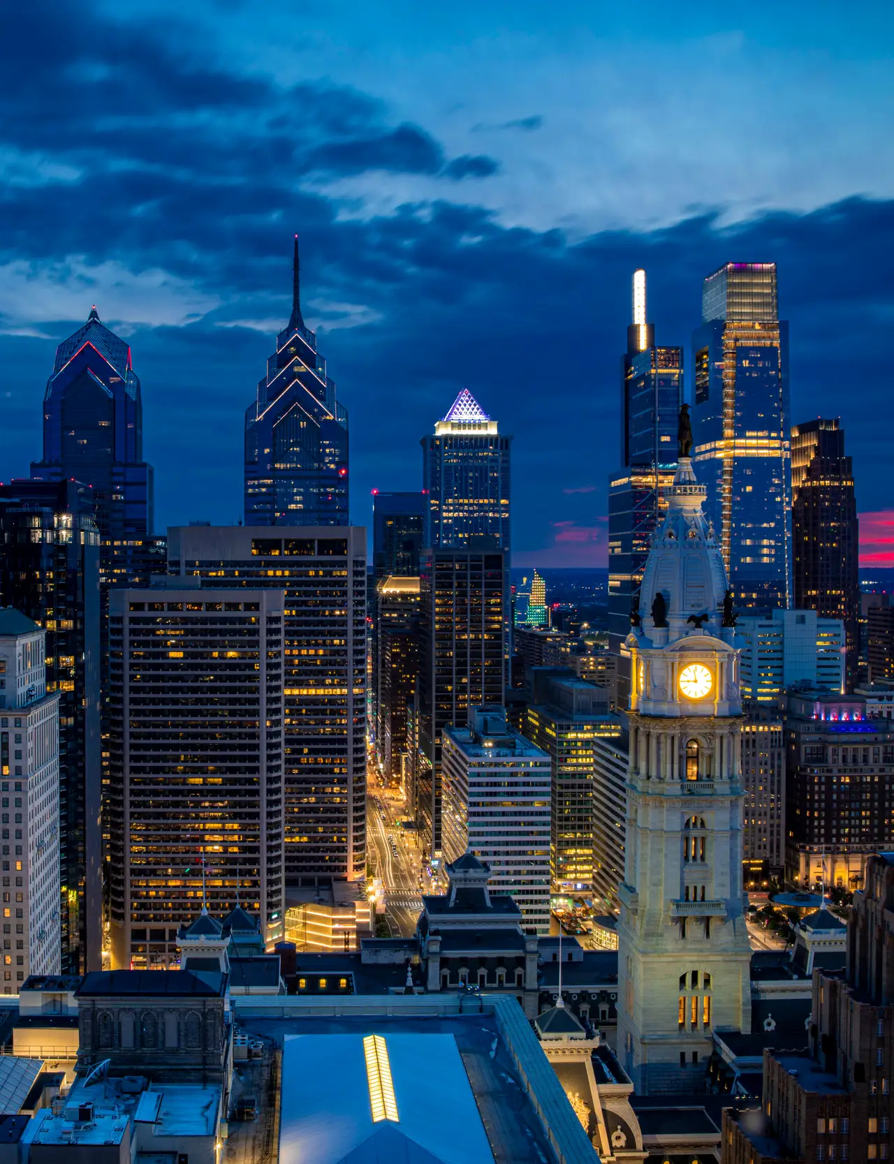 Fine-art photograph, “Philadelphia City Hall Clock Tower and Center City at Blue Hour - RFIV8771,” from the Pennsylvania - Philly collection.