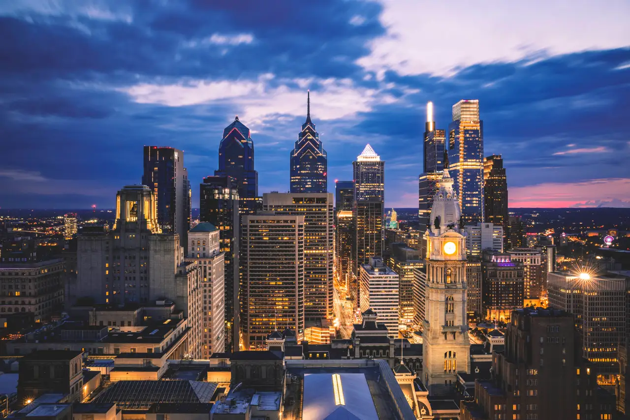 Fine-art photograph, “Philadelphia City Hall and Comcast Towers at Blue Hour - RFIV8776,” from the Pennsylvania - Philly collection.