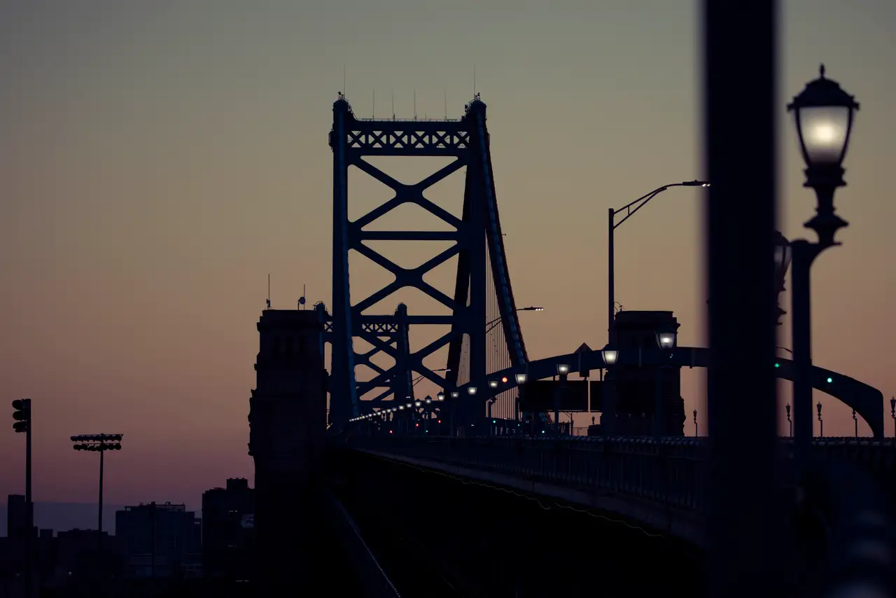 Fine-art photograph, “Ben Franklin Bridge at Dusk - RFIV9132,” from the Pennsylvania - Philly collection.