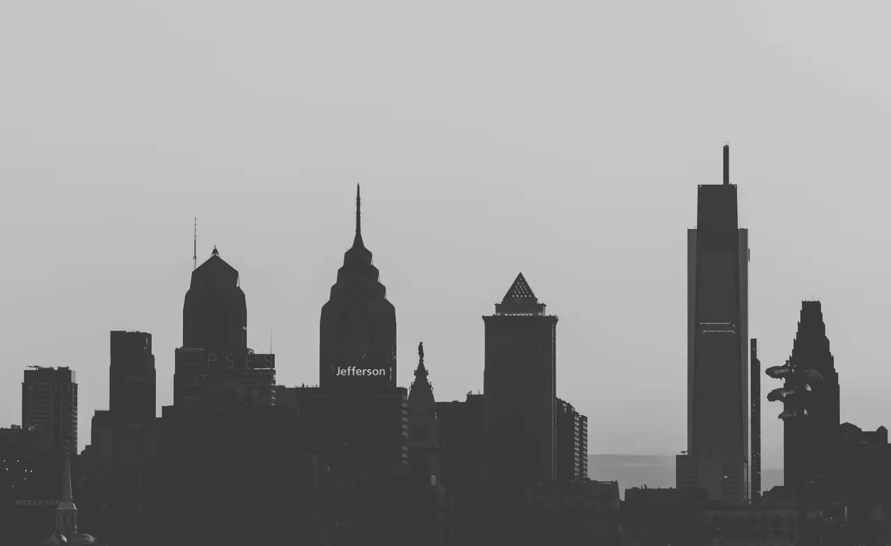 Fine-art photograph, “Philadelphia Skyline Silhouette in Black and White, Distant Glow - RFIV9151,” from the Pennsylvania - Philly collection.