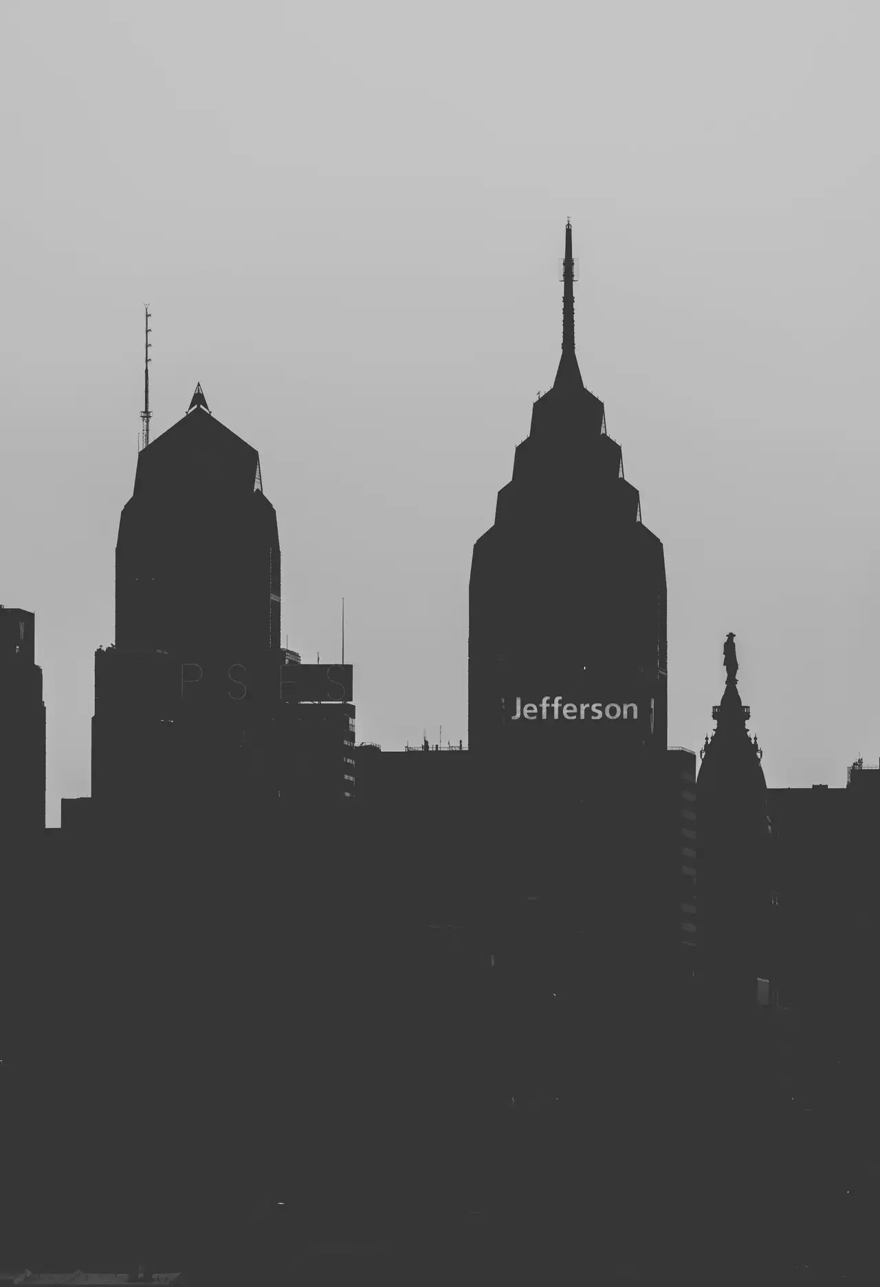 Fine-art photograph, “Philadelphia Skyline Silhouette in Black and White, Tower Light - RFIV9152,” from the Pennsylvania - Philly collection.