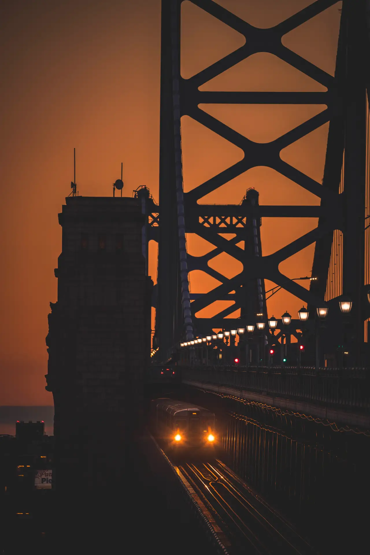 Fine-art photograph, “Ben Franklin Bridge Train at Sunset, City Signal - RFIV9245,” from the Pennsylvania - Philly collection.