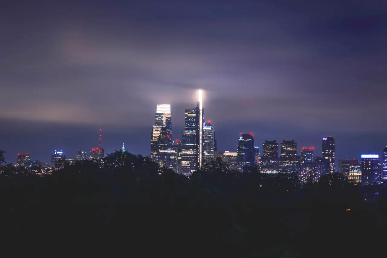 Fine-art photograph, “Philadelphia Skyline in Storm Clouds, After the Rush - RFIV9749,” from the Pennsylvania - Philly collection.