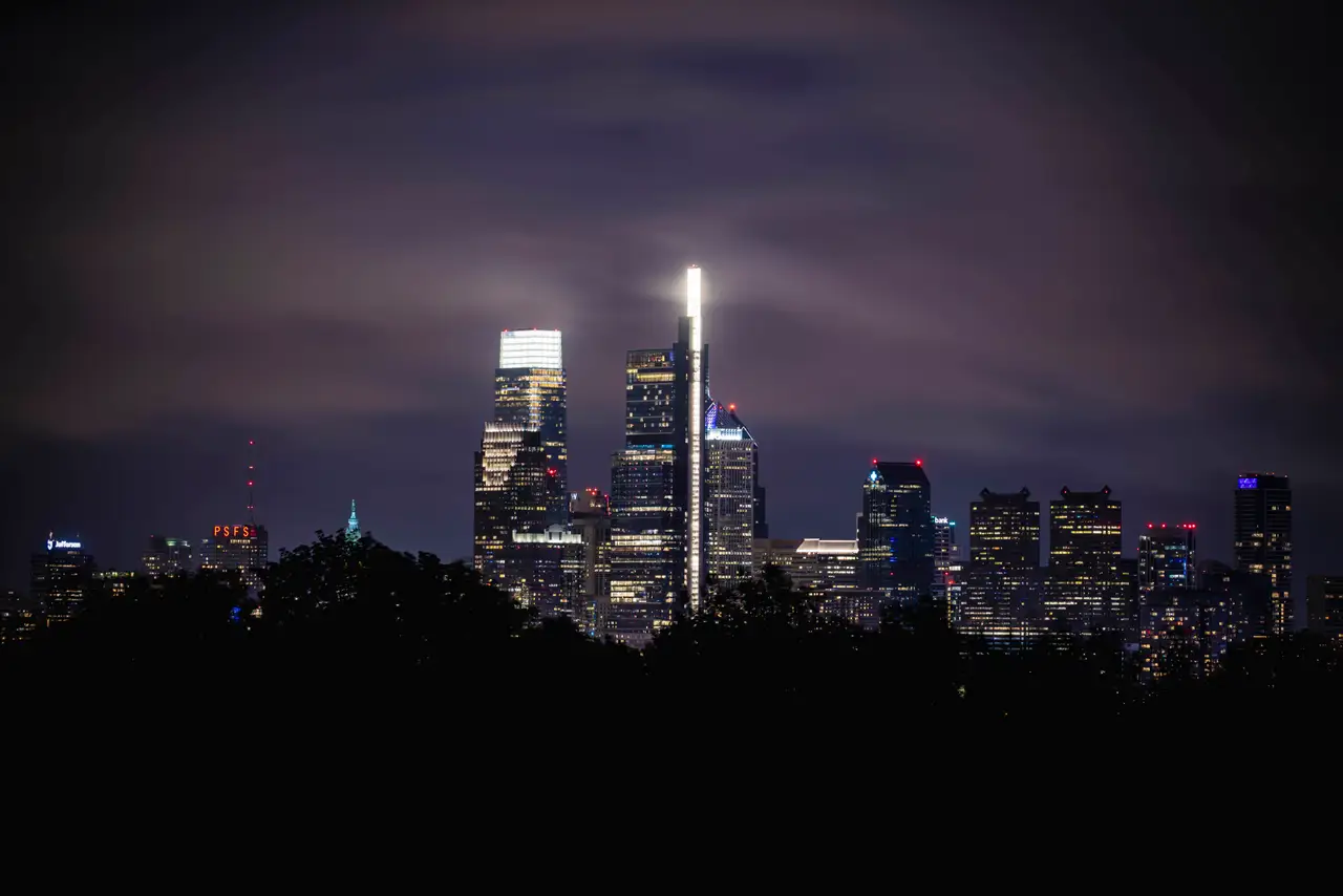 Fine-art photograph, “Philadelphia Skyline in Storm Clouds, Windows at Dusk - RFIV9751,” from the Pennsylvania - Philly collection.