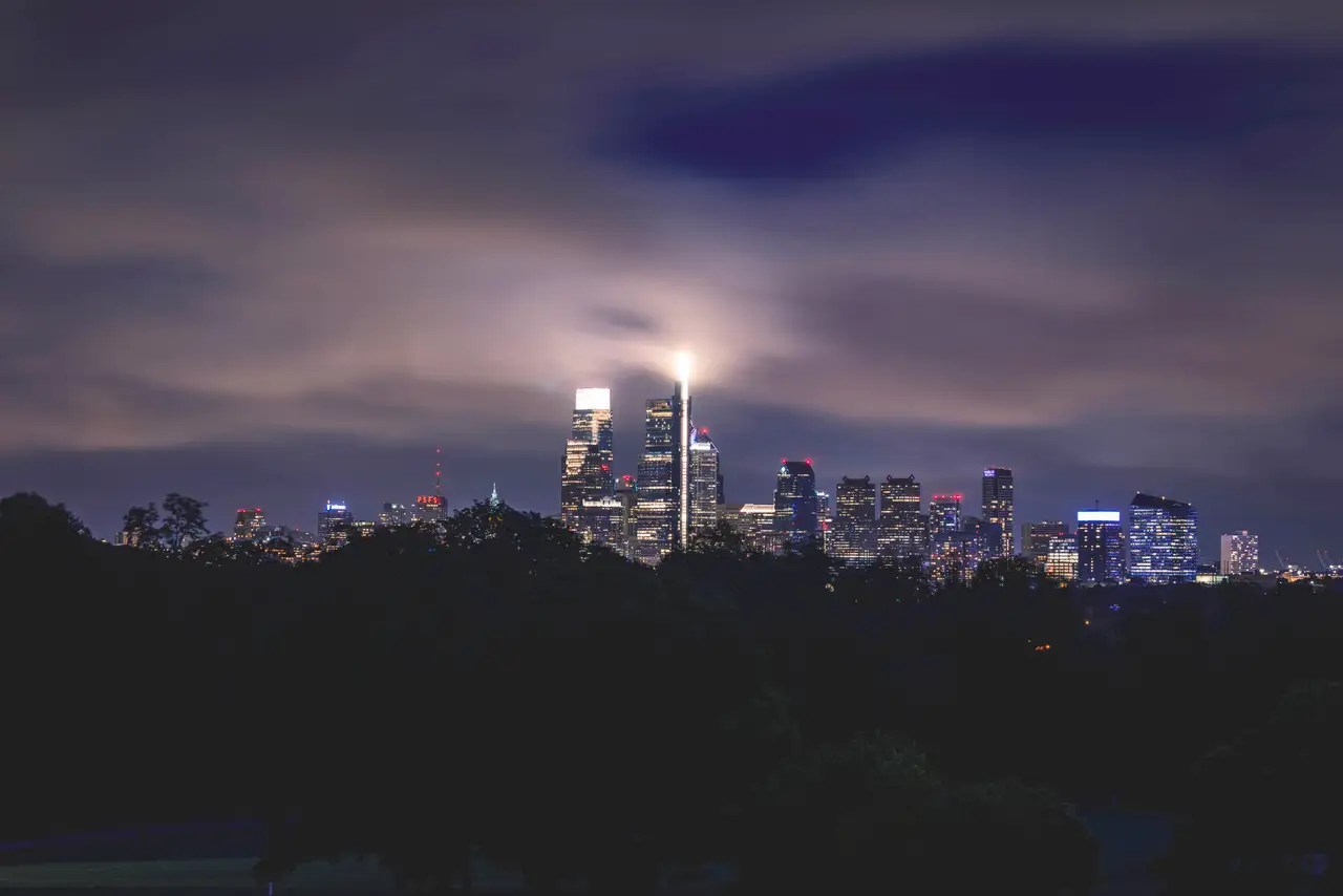 Fine-art photograph, “Philadelphia Skyline in Storm Clouds, Streetlight Current - RFIV9753,” from the Pennsylvania - Philly collection.