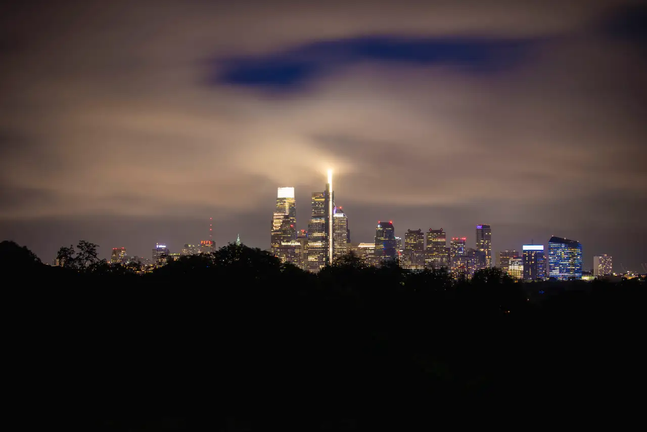 Fine-art photograph, “Philadelphia Skyline in Storm Clouds, Bay Haze - RFIV9754,” from the Pennsylvania - Philly collection.
