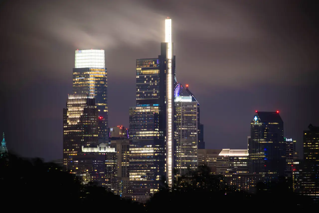 Fine-art photograph, “Philadelphia Skyline in Storm Clouds, Evening Momentum - RFIV9755,” from the Pennsylvania - Philly collection.