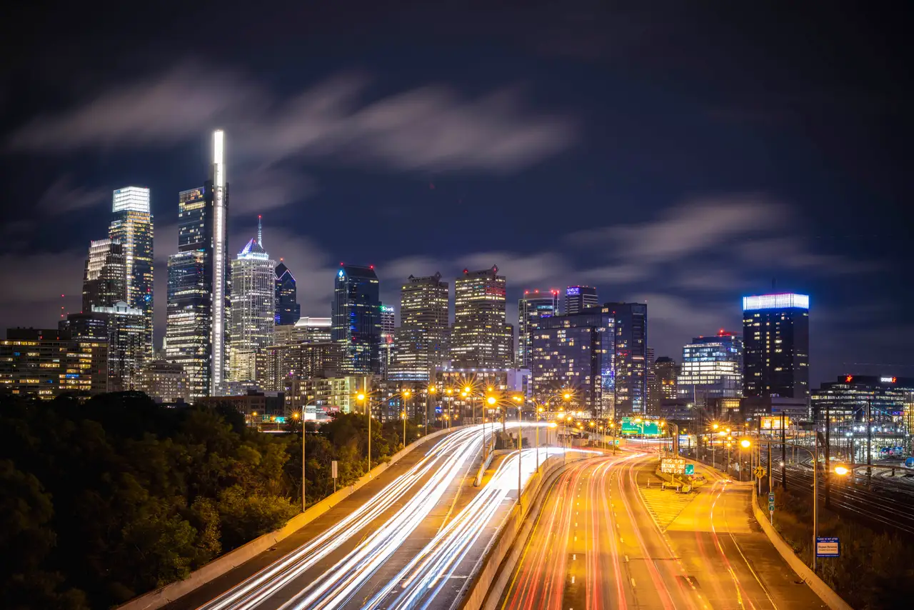 Fine-art photograph, “I-76 Light Trails and Philadelphia Skyline - RFIV9785,” from the Pennsylvania - Philly collection.