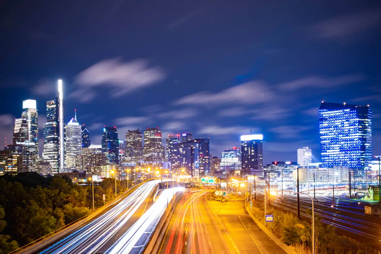 Fine-art photograph, “Philadelphia Skyline Above I-76 Light Trails - RFIV9787,” from the Pennsylvania - Philly collection.