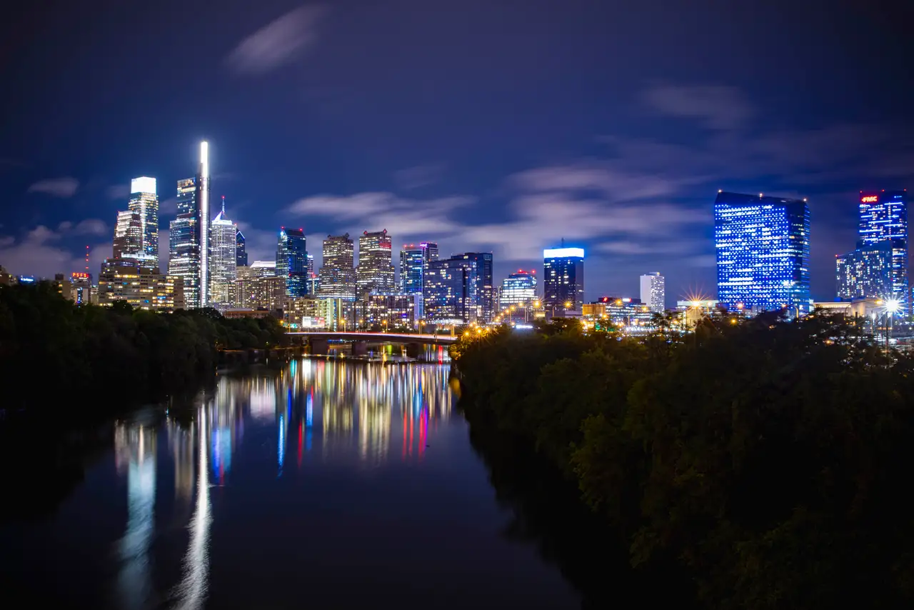 Fine-art photograph, “Philadelphia Skyline Reflected in the Schuylkill, The Long Descent - RFIV9789,” from the Pennsylvania - Philly collection.