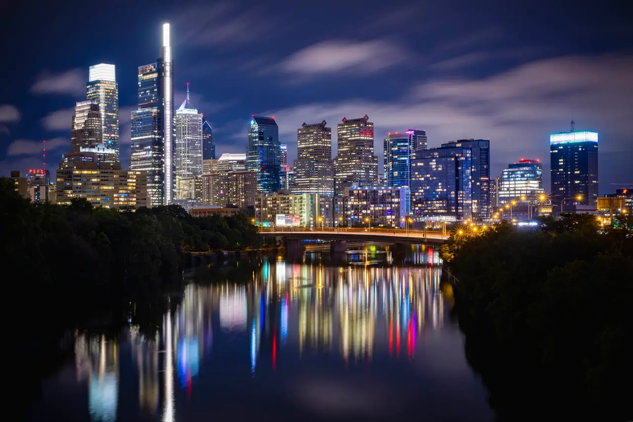 Fine-art photograph, “Philadelphia Skyline and Schuylkill River at Night - RFIV9800,” from the Pennsylvania - Philly collection.