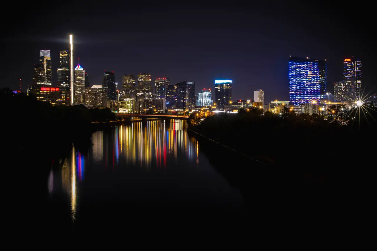 Fine-art photograph, “Philadelphia Skyline Reflections at Night - RFIV9989,” from the Pennsylvania - Philly collection.