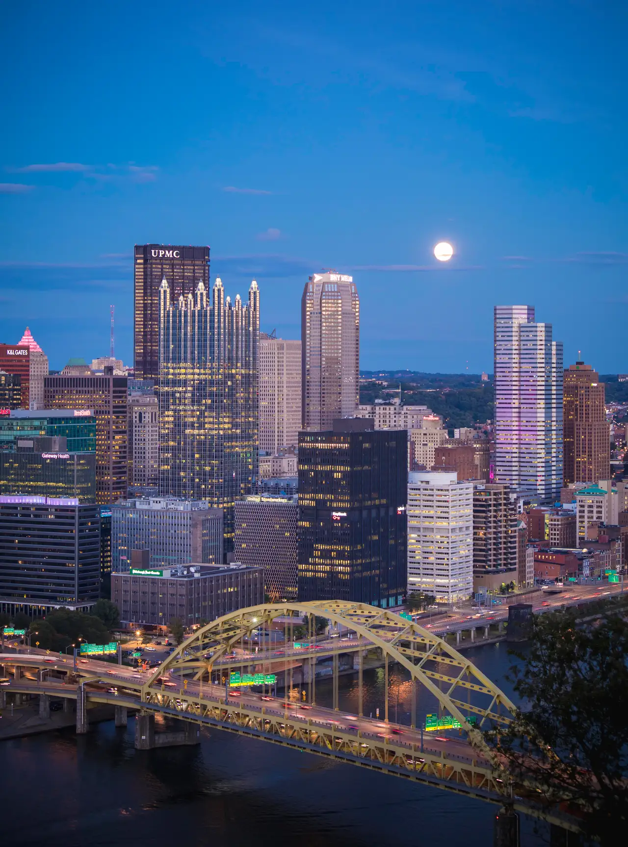 Fine-art photograph, “Pittsburgh Skyline and Moon, Steel and Water - 5DM40007,” from the Pennsylvania - Pittsburgh collection.