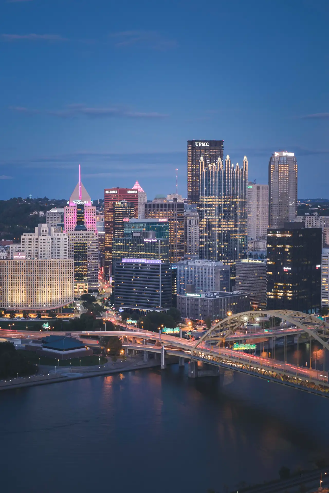Fine-art photograph, “Pittsburgh Skyline and Three Rivers at Blue Hour, Dawn Traffic - 5DM40011,” from the Pennsylvania - Pittsburgh collection.