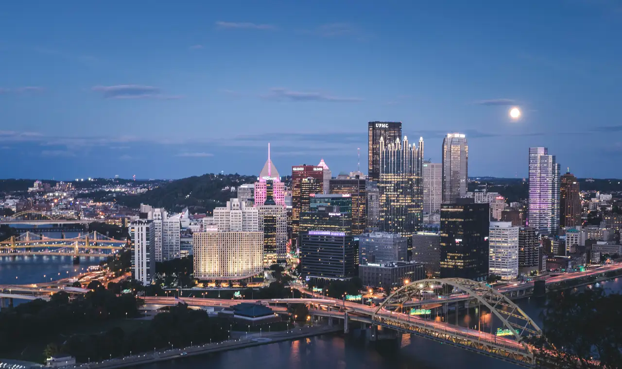 Fine-art photograph, “Pittsburgh Skyline and Moon Over the Three Rivers - 5DM40012,” from the Pennsylvania - Pittsburgh collection.