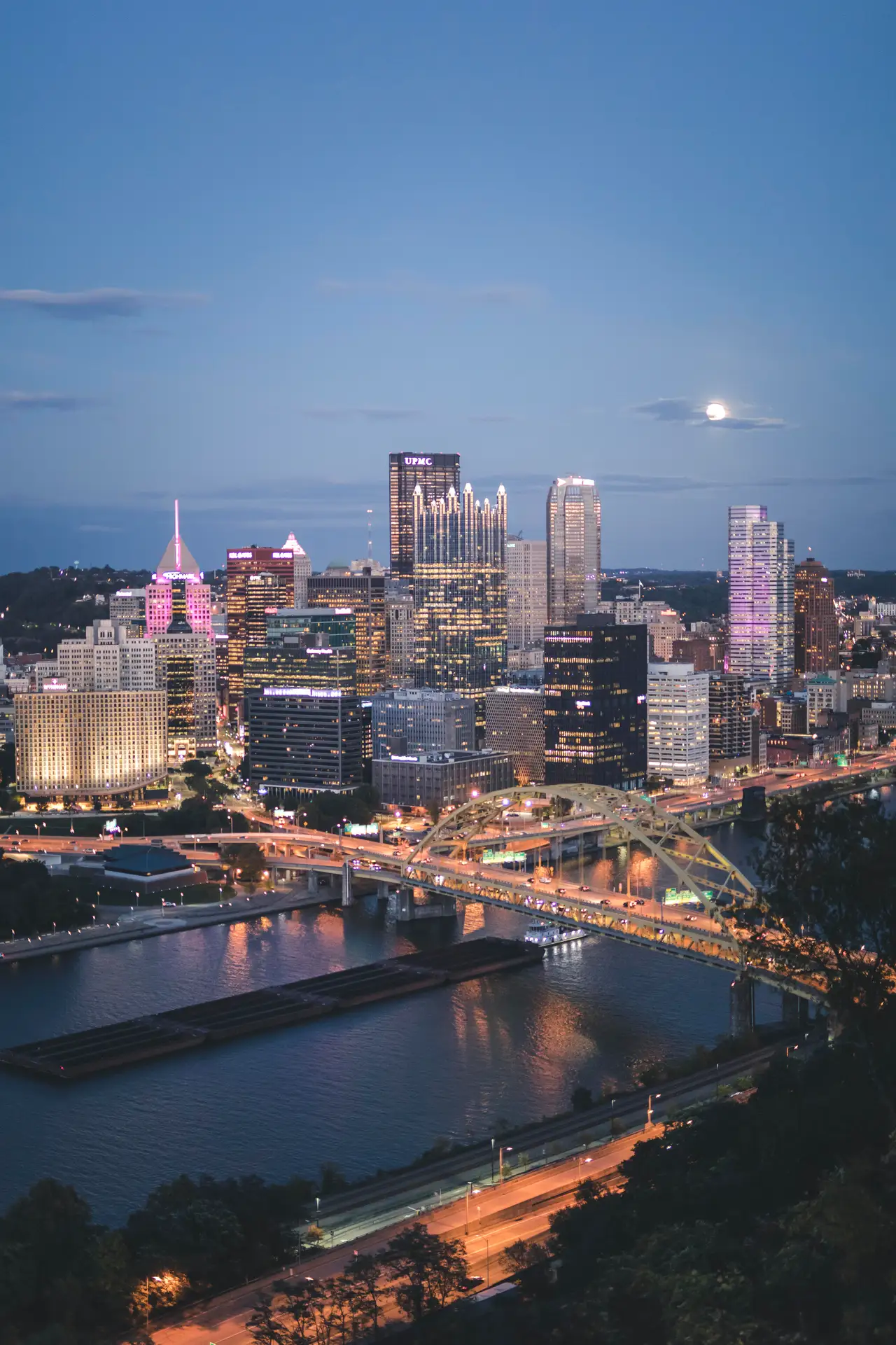 Fine-art photograph, “Pittsburgh Skyline and Moon from Mount Washington - 5DM40027,” from the Pennsylvania - Pittsburgh collection.