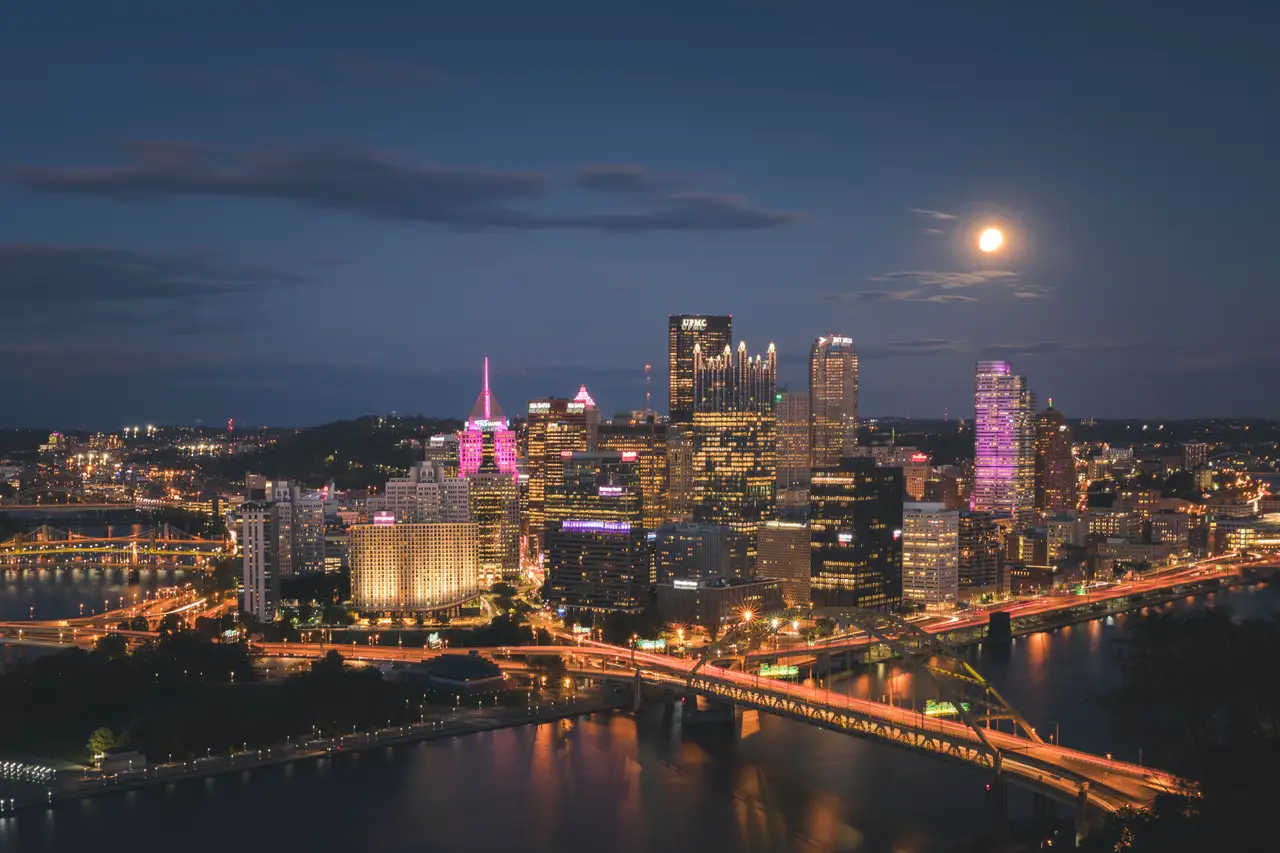 Fine-art photograph, “Pittsburgh Skyline and Moon, Midnight Current - 5DM40067,” from the Pennsylvania - Pittsburgh collection.