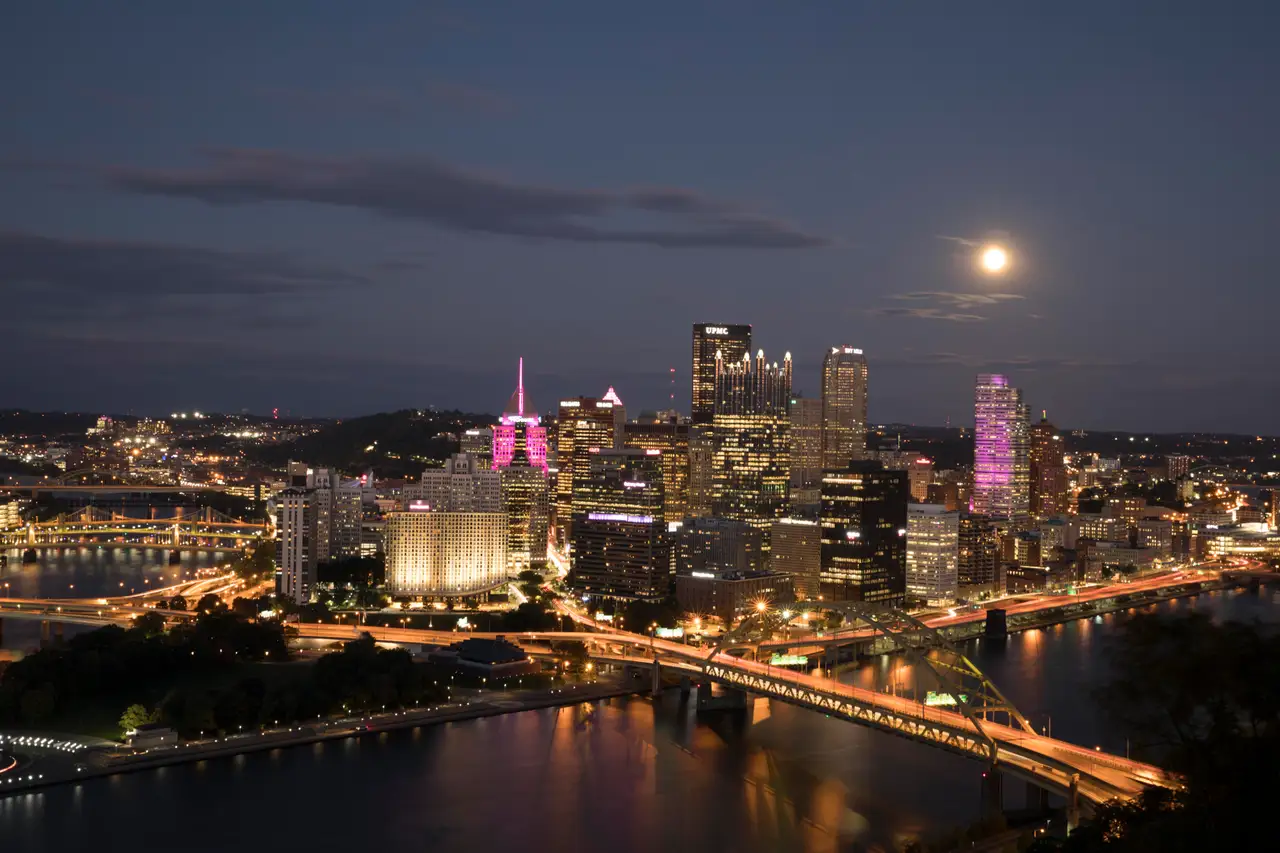Fine-art photograph, “Pittsburgh Skyline and Three Rivers at Night, Midnight Current - 5DM40068,” from the Pennsylvania - Pittsburgh collection.