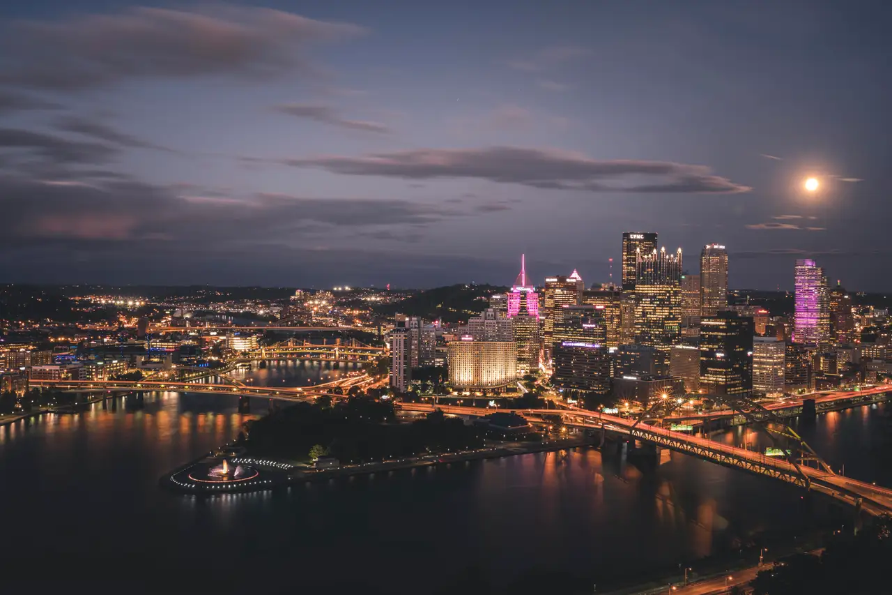 Fine-art photograph, “Pittsburgh Skyline and Three Rivers at Blue Hour, The Long Descent - 5DM40070,” from the Pennsylvania - Pittsburgh collection.