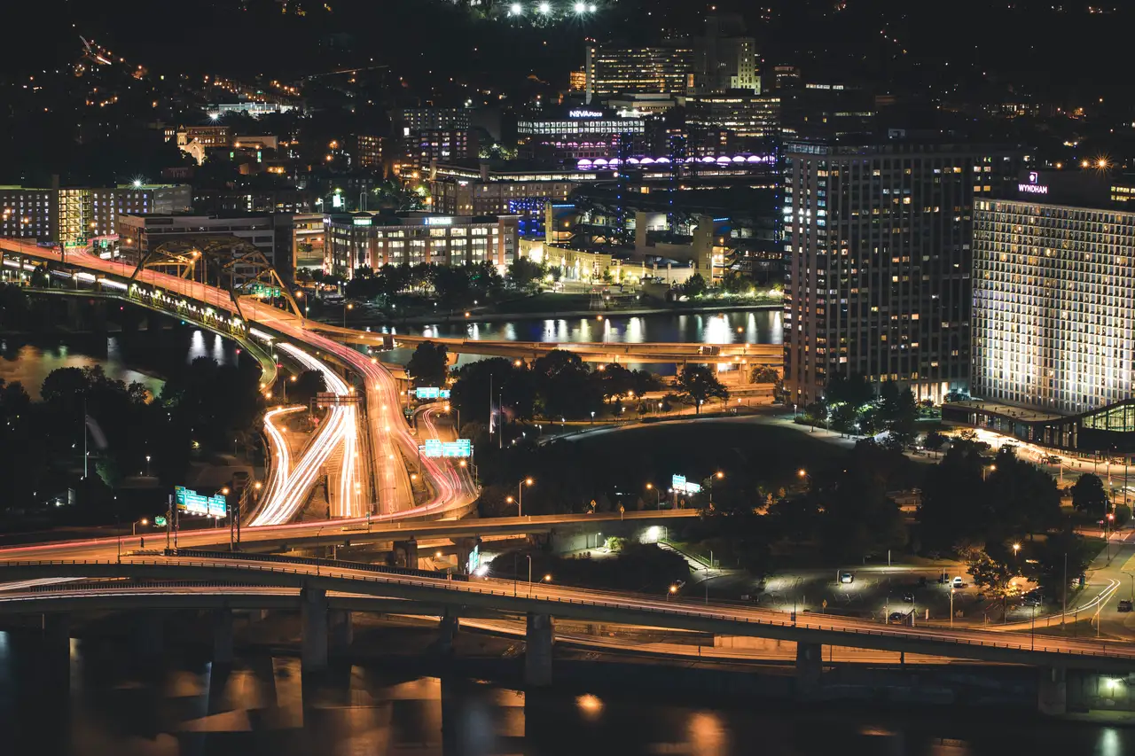 Fine-art photograph, “Pittsburgh Interchange Light Trails at Night - 5DM40085,” from the Pennsylvania - Pittsburgh collection.