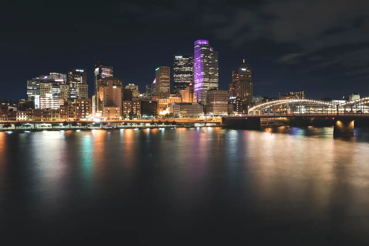 Fine-art photograph, “Pittsburgh Skyline Reflections at Night, Night Passage - 5DM40108,” from the Pennsylvania - Pittsburgh collection.