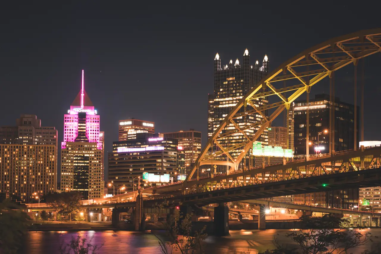 Fine-art photograph, “Pittsburgh Skyline and Fort Pitt Bridge at Night - 5DM40117,” from the Pennsylvania - Pittsburgh collection.