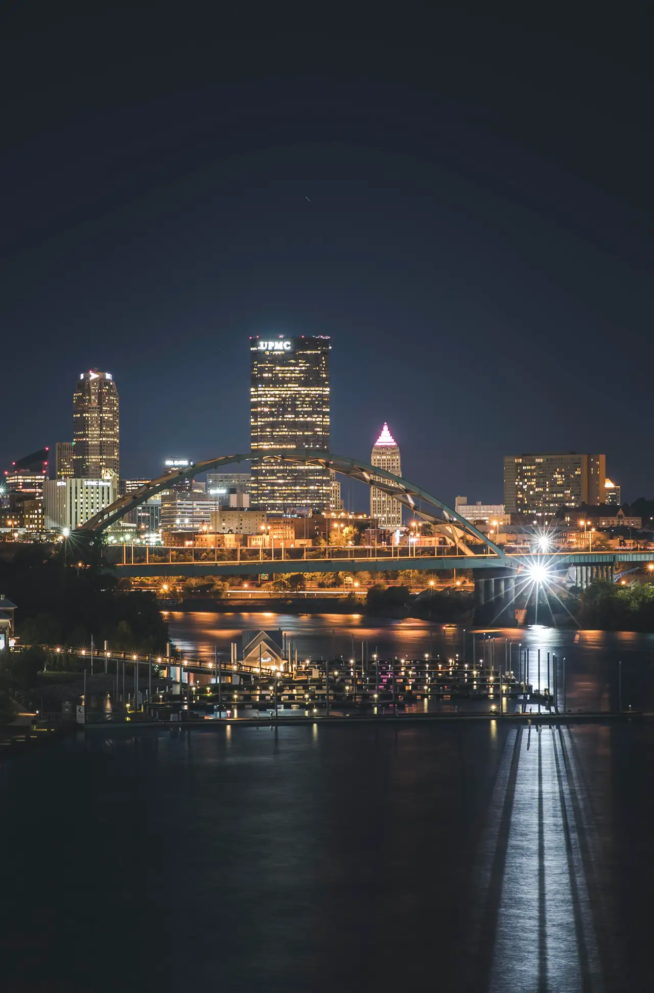 Fine-art photograph, “Pittsburgh Skyline Reflections at Night, Dawn Traffic - 5DM40146,” from the Pennsylvania - Pittsburgh collection.