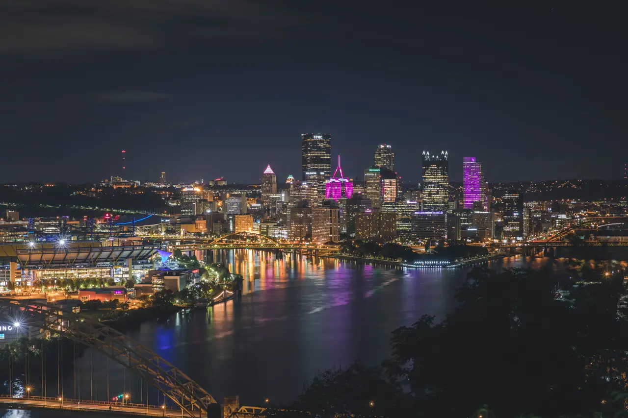 Fine-art photograph, “Pittsburgh Skyline and Three Rivers at Night, Windows at Dusk - 5DM40171 2,” from the Pennsylvania - Pittsburgh collection.