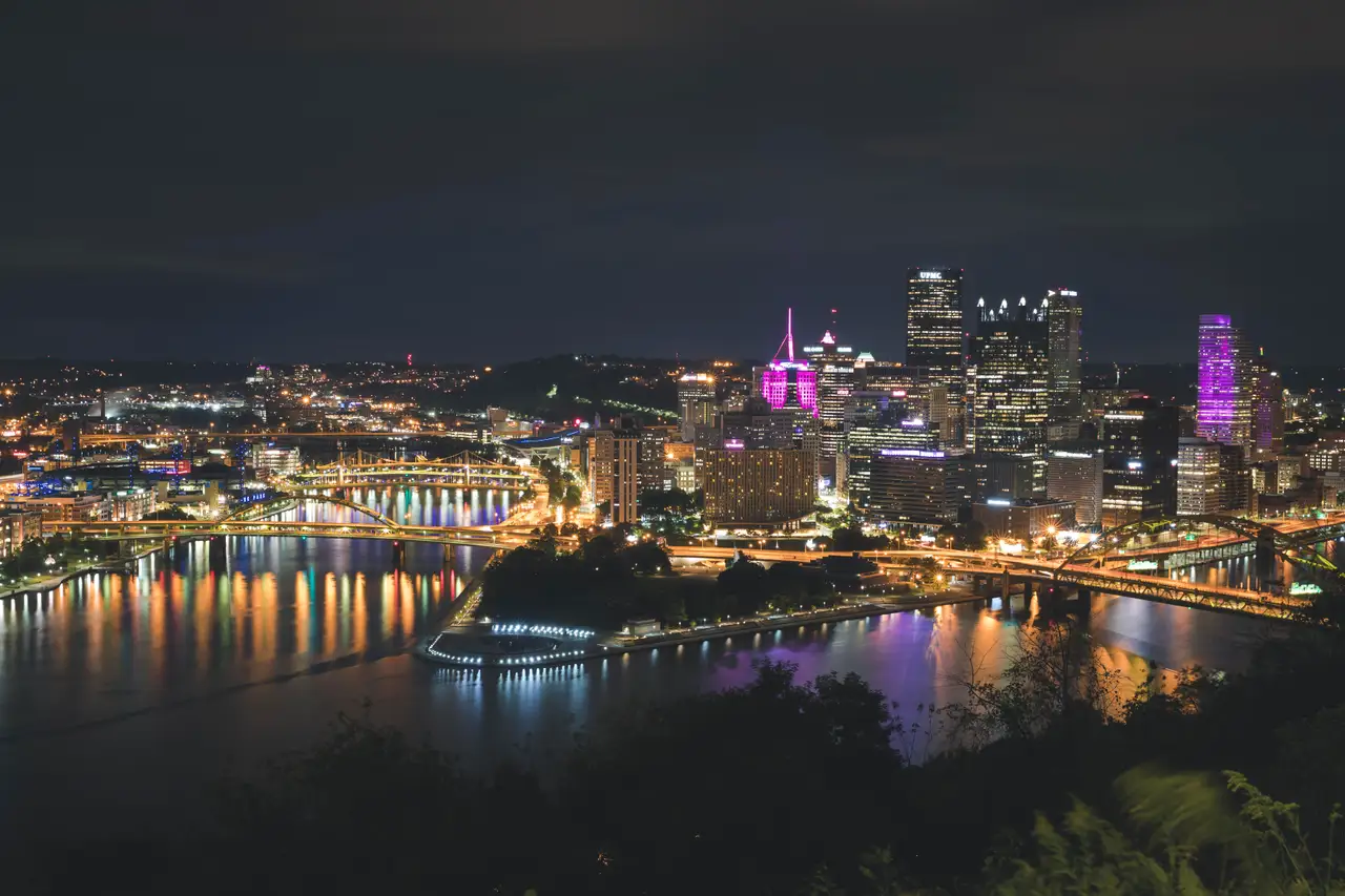 Fine-art photograph, “Pittsburgh Skyline and Three Rivers at Night, Harbor Light - 5DM40176,” from the Pennsylvania - Pittsburgh collection.