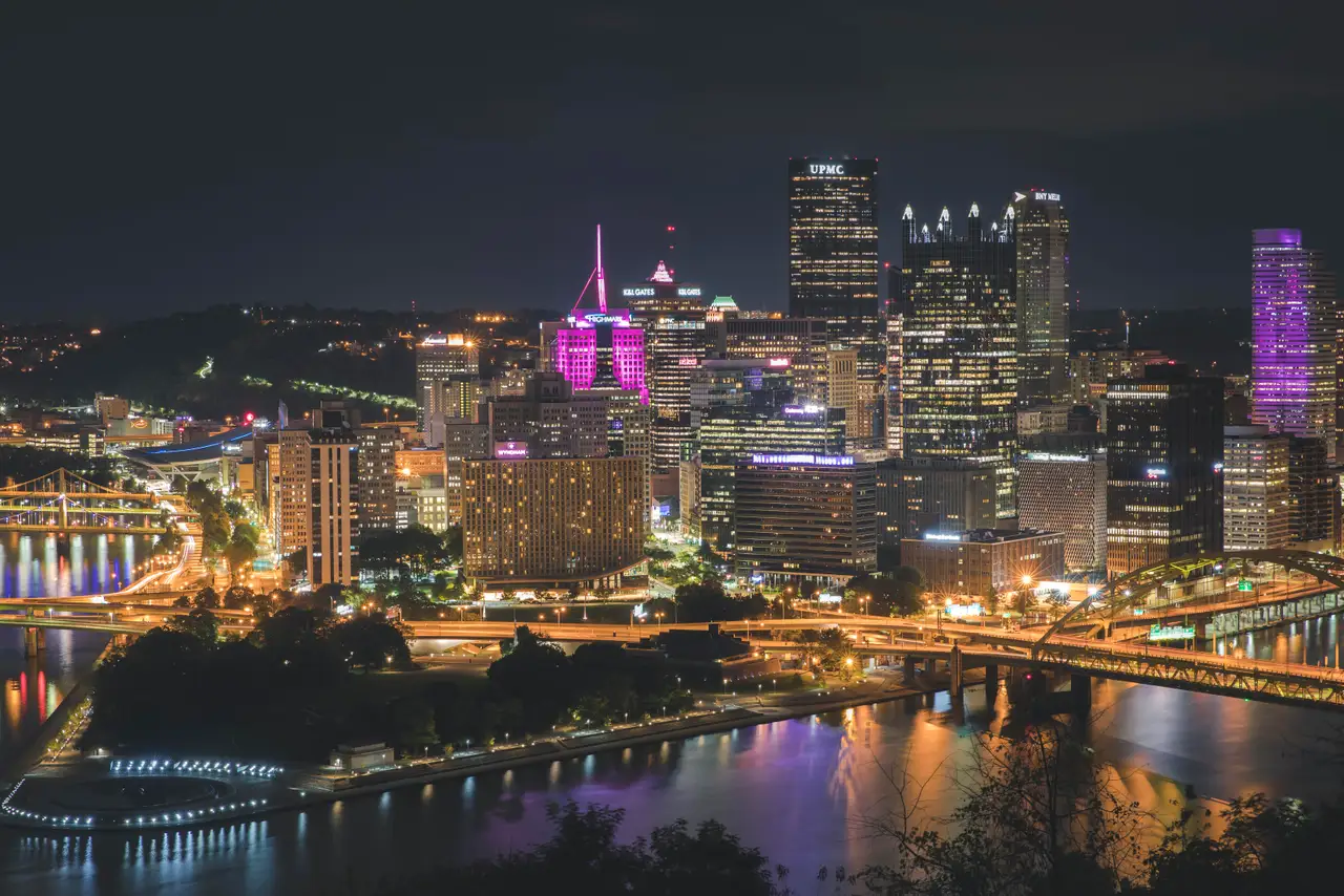 Fine-art photograph, “Pittsburgh Skyline and Three Rivers at Night, Dawn Traffic - 5DM40179,” from the Pennsylvania - Pittsburgh collection.