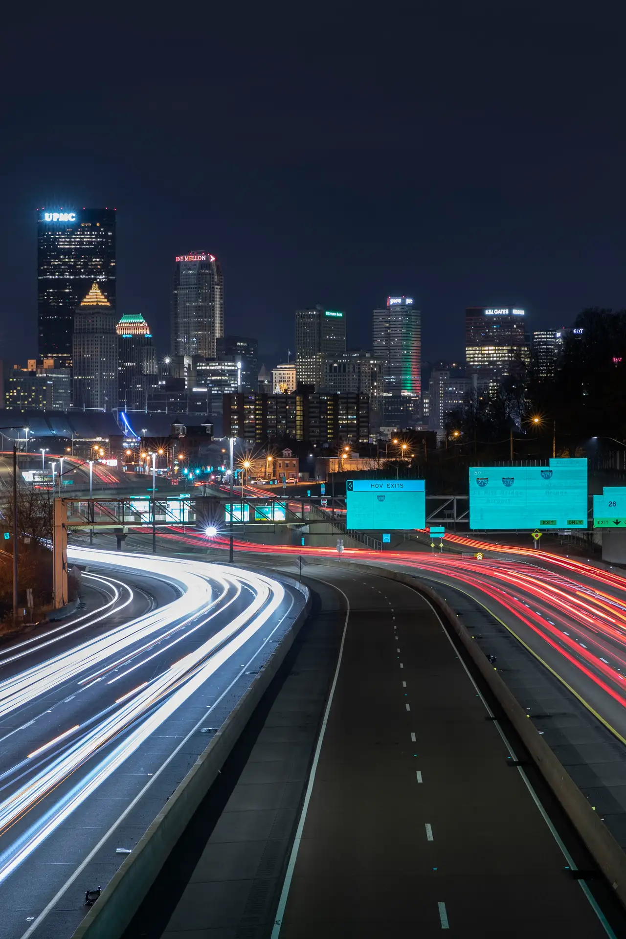 Fine-art photograph, “Pittsburgh Highway Light Trails into Downtown, The Long Descent - 5DM42151 2,” from the Pennsylvania - Pittsburgh collection.