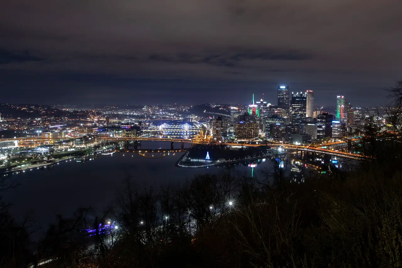Fine-art photograph, “Pittsburgh Skyline from Mount Washington at Night, Urban Weather - 5DM42161,” from the Pennsylvania - Pittsburgh collection.
