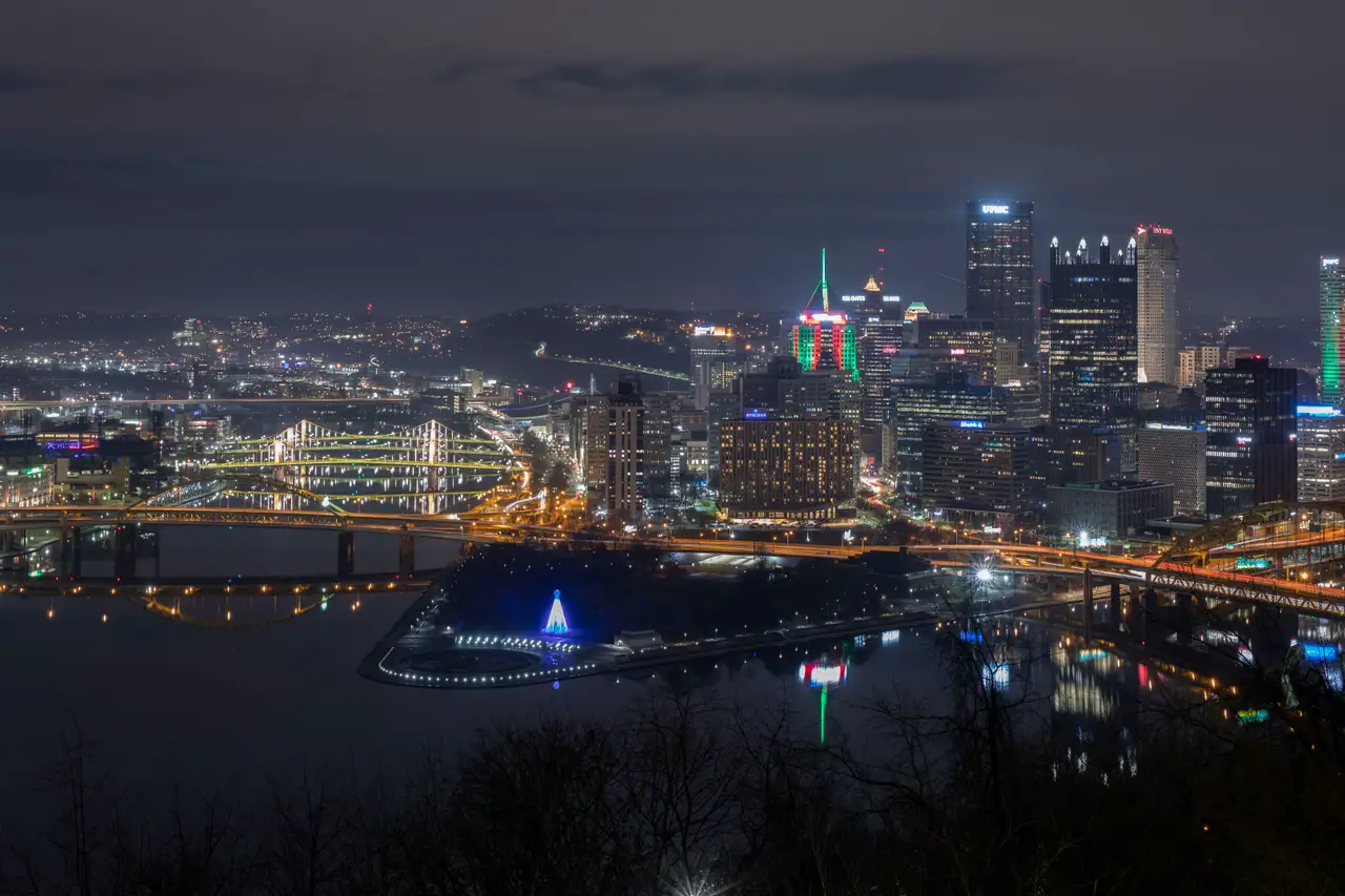 Fine-art photograph, “Pittsburgh Skyline from Mount Washington at Night, Dawn Traffic - 5DM42162,” from the Pennsylvania - Pittsburgh collection.