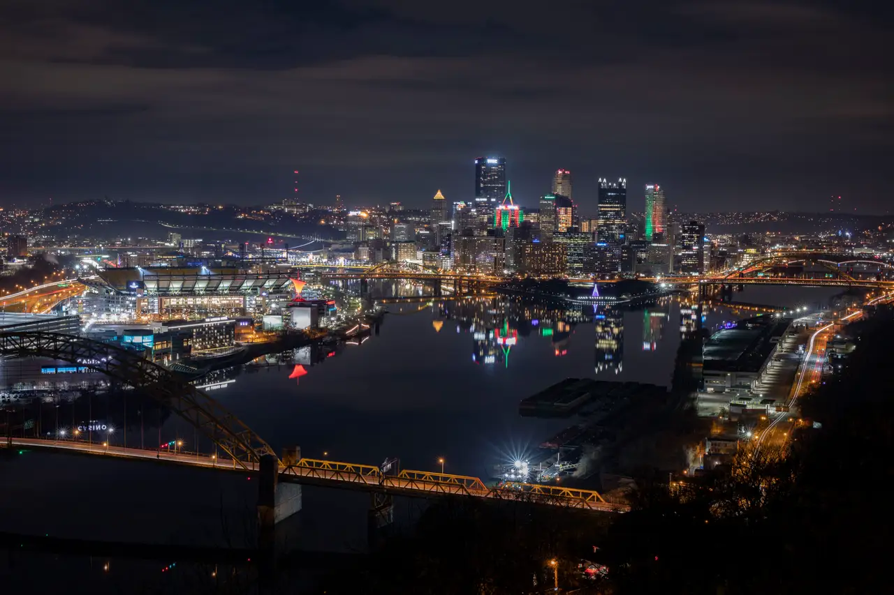 Fine-art photograph, “Pittsburgh Skyline and Three Rivers at Night, City in Motion - 5DM42165,” from the Pennsylvania - Pittsburgh collection.